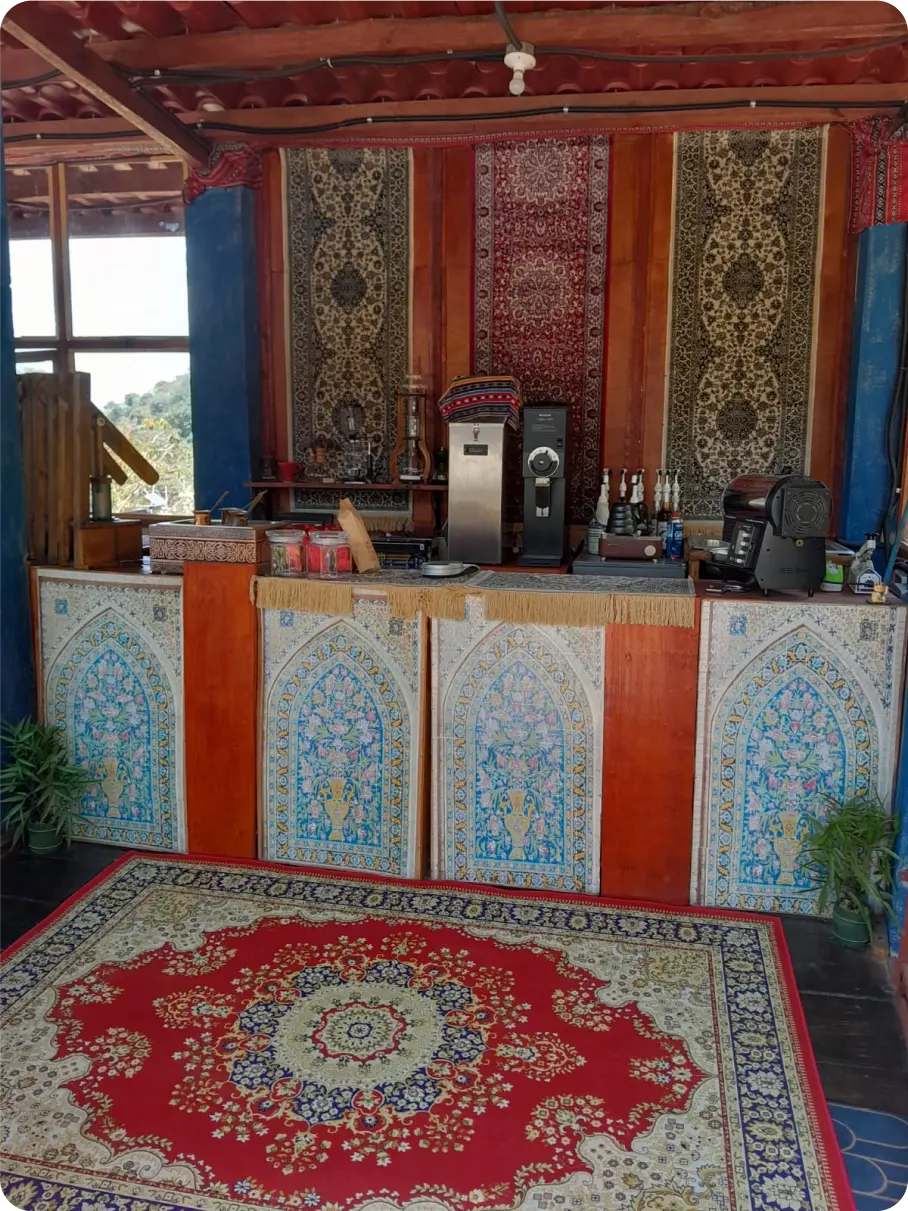 Coffee preparation table with doily decoration